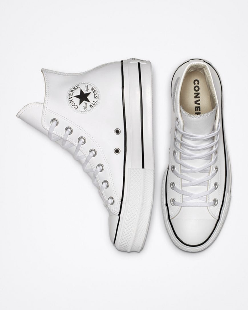 Pantofi Platforma Dama Converse Chuck Taylor All Star Lift Piele Inalti Albi Negrii Albi | RO DPIEF879